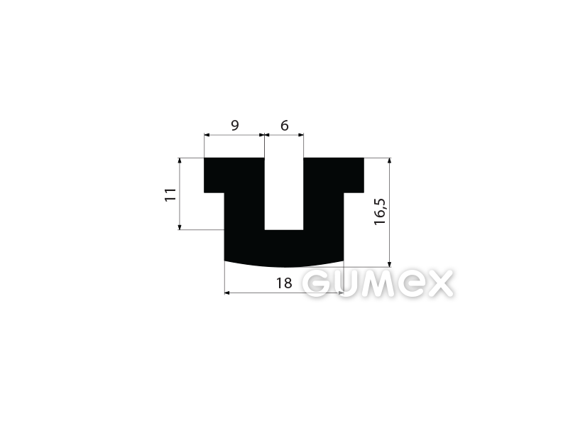 "U" Gummiprofil, 16,5x18/6mm, 70°ShA, EPDM, -40°C/+100°C, schwarz, 